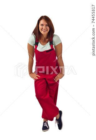 woman in red overalls , isolated on white woman in red overalls , isolated on white 74455817
