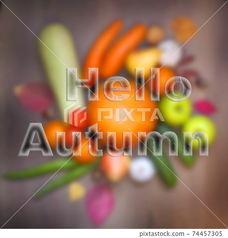 Hello, Autumn Text , background of pumpkins and fruits and vegetables Hello, Autumn Text , background of pumpkins and fruits and vegetables 74457305