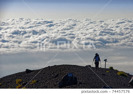 Climbers and sea of clouds near Mt. Fuji and Hoei crater Climbers and sea of clouds near Mt. Fuji and Hoei crater 74457576