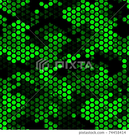 Emerald pattern of triangles, hexagons, squares. Lime, green, black colors 74458414