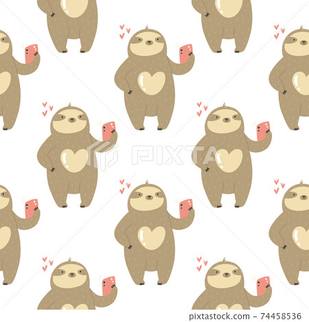 Seamless pattern with cute sloths taking selfies. Vector illustration with funny characters. Seamless pattern with cute sloths taking selfies. Vector illustration with funny characters. 74458536