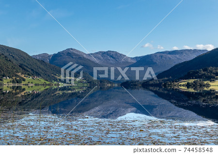 Norway mountain lake mirror on sunny day landscape Norway mountain lake mirror on sunny day landscape 74458548