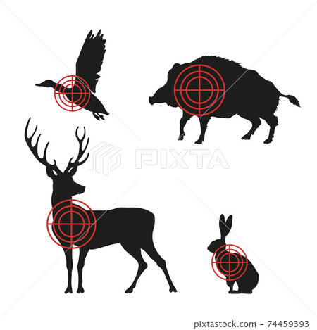 Targets with black silhouettes of animals on white background. Hunting icons. Isolated forest animals Targets with black silhouettes of animals on white background. Hunting icons. Isolated forest animals 74459393