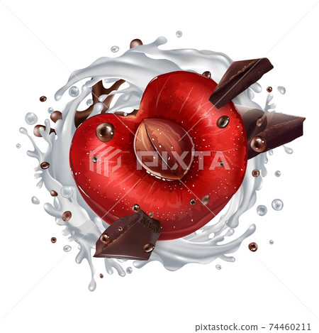 Cherry with chocolate pieces and a milk splash. 74460211