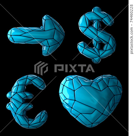 Symbol collection arrow, dollar, euro and heart made of blue plastic. Collection symbols of low poly style blue color plastic isolated on black background Symbol collection arrow, dollar, euro and heart made of blue plastic. Collection symbols of low poly style blue color plastic isolated on black background 74460228
