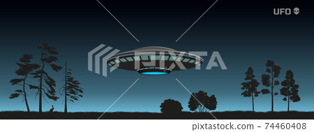 Silhouette of UFO over a night forest. Spaceship of aliens in the sky. Contact with extraterrestrial civilization Silhouette of UFO over a night forest. Spaceship of aliens in the sky. Contact with extraterrestrial civilization 74460408