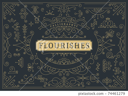 Flourishes calligraphic vintage ornamental background. Golden ornate page with swirls and vignettes elements. Frame design template. Vector luxury invitation Flourishes calligraphic vintage ornamental background. Golden ornate page with swirls and vignettes elements. Frame design template. Vector luxury invitation 74461279