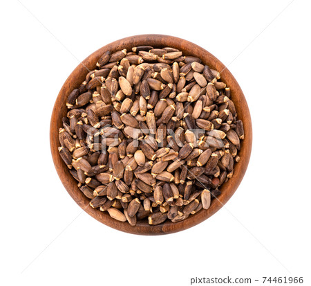 Milk Thistle seed in wooden bowl, isolated on white background. Silybum marianum, Scotch Thistle or Marian Thistle. Top view. Milk Thistle seed in wooden bowl, isolated on white background. Silybum marianum, Scotch Thistle or Marian Thistle. Top view. 74461966