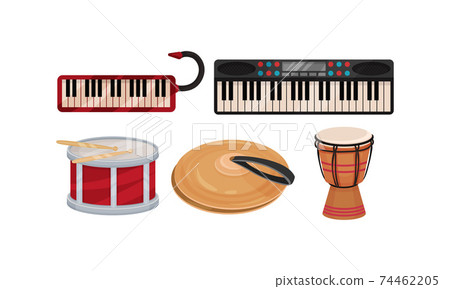 Musical Instrument with Keyboard and Percussion as Drum Vector Set 74462205