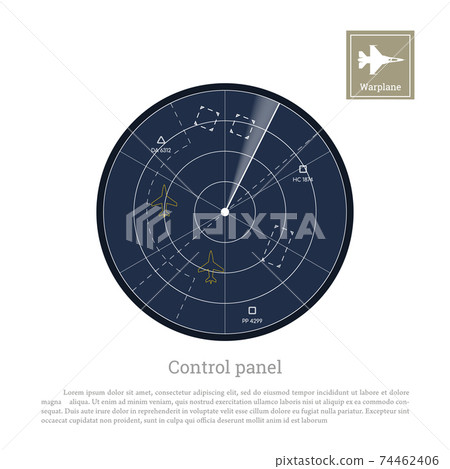 Military radar. Control panel for army aviation. Aiplane screen with map. Isolated image 74462406