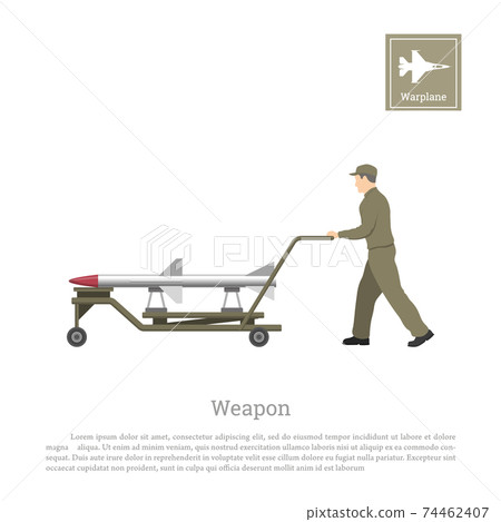 Mechanic transporting rocket. Repair and maintenance of military aircraft. Aerospace industry. Army plane service Mechanic transporting rocket. Repair and maintenance of military aircraft. Aerospace industry. Army plane service 74462407