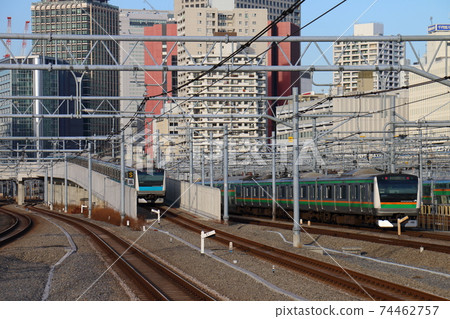 Keihin Tohoku Line E233 Series and Shonan Shinjuku Line E231 Series Trains at Takanawa Gateway Station 74462757