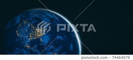 Planet earth globe view from space showing realistic earth surface and world map 74464078