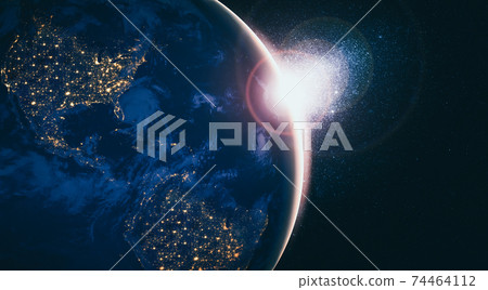 Planet earth globe view from space showing realistic earth surface and world map Planet earth globe view from space showing realistic earth surface and world map 74464112