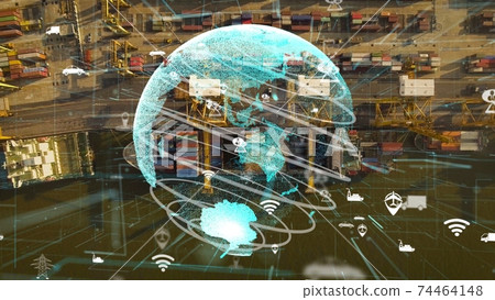 Shipping harbor aerial view with graphic of network technology m Shipping harbor aerial view with graphic of network technology m 74464148