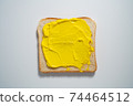 spreading Yellow paste on a toast on white Background. Top view 74464512