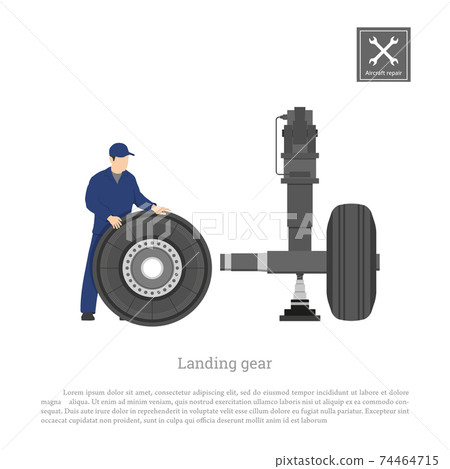 Repair and maintenance of aircraft. Engineer fix the wheel on airplane landing gear. Plane service. Industrial drawing in flat style Repair and maintenance of aircraft. Engineer fix the wheel on airplane landing gear. Plane service. Industrial drawing in flat style 74464715