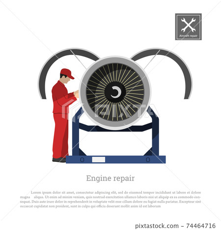 Repair and maintenance of aircraft. Engineer inspects engine of airplane. Plane service. Industrial drawing in flat style 74464716