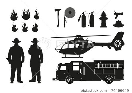 Black silhouette of firefighters and fire fighting equipment on white background. Helicopter and firemans car. Isolated icons of flame and items 74466649