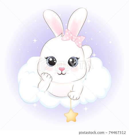 Cute Little Rabbit on the cloud hand drawn... - Stock Illustration ...