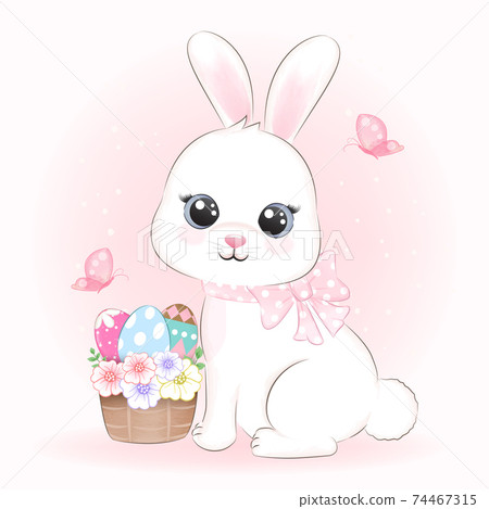 Cute Little Rabbit and eggs in basket hand... - Stock Illustration ...