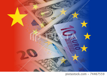 china and eu flags with euro and dollar banknotes mixed image china and eu flags with euro and dollar banknotes mixed image 74467559