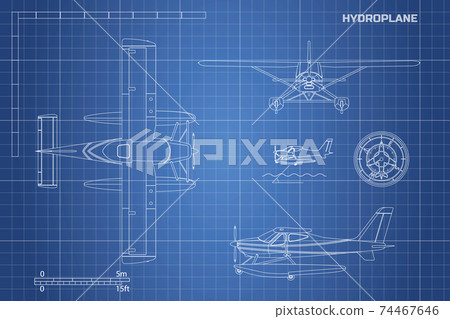 Outline blueprint of airplane. Hydroplane view top, side and front. Industrial drawing of aircraft 74467646