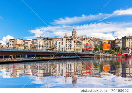 Galata Tower and Bridge in Istanbul, view from the Bosphorus, Turkey 74468602