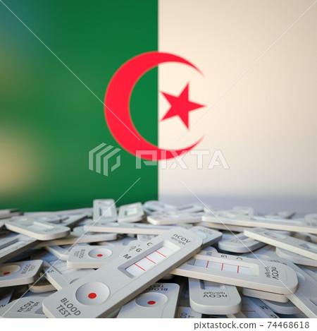COVID-19 rapid antigen tests and flag of Algeria. Pandemic conceptual 3D rendering 74468618