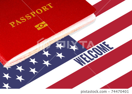 welcome, text over us flag and passport welcome, text over us flag and passport 74470401