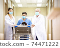 doctor and medical staff wearing protective face mask in a hurry taking patient on bed to operation room in hospital hallway. emergency theatre service and support during Covid19 74471222