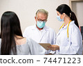 Caucasian senior male doctor wearing medical protective mask discussing of patient treatment case with female doctor at hospital during Coronavirus epidemic 74471223