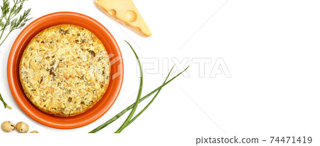 Cheese casserole with herbs isolated on white . Top view, place for text. Wide photo. 74471419