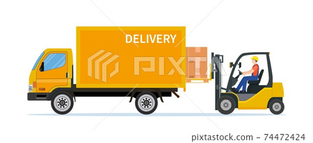 Forklift loading pallet boxes into truck. - Stock Illustration ...