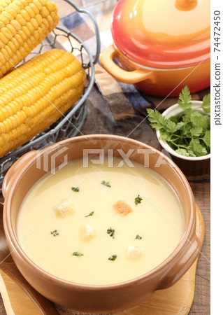 Corn potage high angle vertical composition 74472450