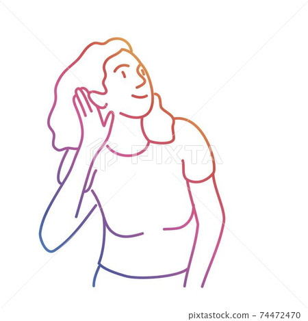 Cute woman try to hear better with hand palm. 74472470