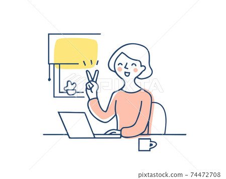 Woman in remote work doing peace sign 74472708