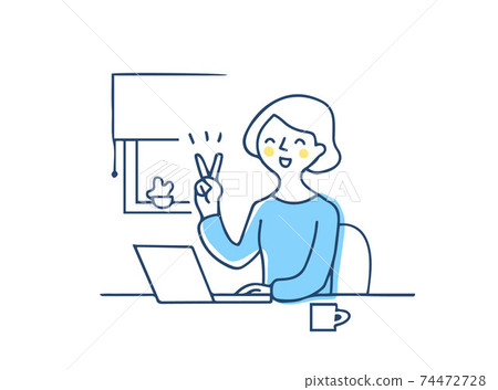 Woman in remote work doing peace sign 74472728