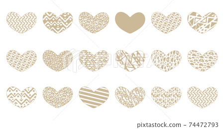 Set of beige isolated hearts with different patterns. Objects can be used for stickers, postcards, patterned tapes for scrapbooking. Valentines day theme. Lines, squares, hearts, shaped forms 74472793