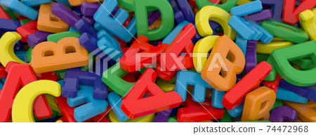 Alphabet letters on plain background. Plastic alphabet letters on white background. Rainbow colors. 3D illustration. 3D rendering 74472968