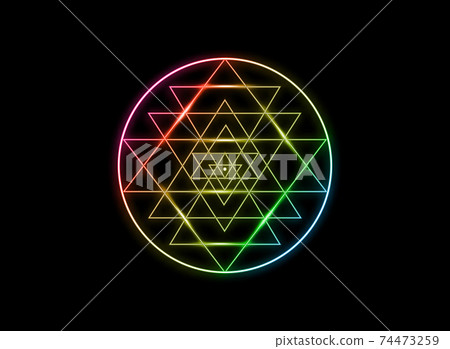Sri Yantra, Sacred geometry, colors of chakras symbol of Hindu tantra formed by nine interlocking triangles that radiate out from the central point. Alchemy Mandala line art sign, vector isolated Sri Yantra, Sacred geometry, colors of chakras symbol of Hindu tantra formed by nine interlocking triangles that radiate out from the central point. Alchemy Mandala line art sign, vector isolated 74473259