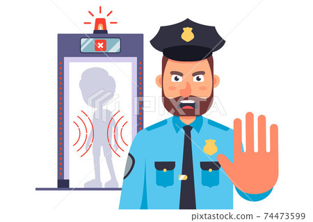 policeman at the entrance to the airport. a ban on crossing the border. policeman at the entrance to the airport. a ban on crossing the border. 74473599