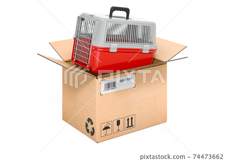 Pet carrier inside cardboard box, delivery concept. 3D rendering Pet carrier inside cardboard box, delivery concept. 3D rendering 74473662