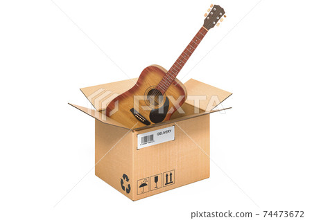Acoustic guitar inside cardboard box, delivery concept. 3D rendering 74473672