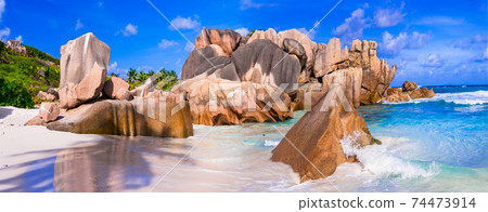 Beautiful unique rocky beach Anse Cocos in La digue island, Seychelles 74473914