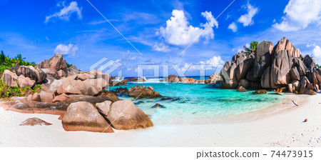 beautiful tropical exotic beache Anse Cocos, La Digue island, Seychelles 74473915