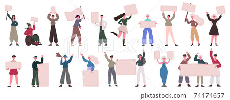 Protesting activists. People crowd hold banners, male and female manifesting activists. Political meeting and demonstration vector illustration set Protesting activists. People crowd hold banners, male and female manifesting activists. Political meeting and demonstration vector illustration set 74474657