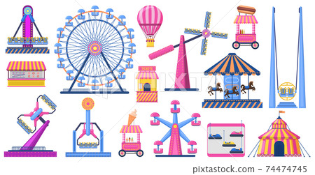 Attractions festive park. Amusement park attractions, ferris wheel, circus tent, and fairground carousel. Carnival entertainment park vector illustration set 74474745