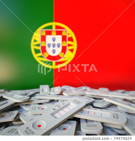 COVID-19 rapid antigen tests and flag of Portugal. Pandemic conceptual 3D rendering COVID-19 rapid antigen tests and flag of Portugal. Pandemic conceptual 3D rendering 74474824