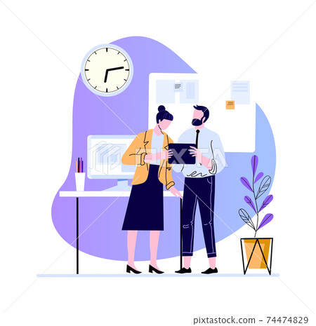 Business colleagues discussion in office. Vector communication Business colleagues discussion in office. Vector communication 74474829